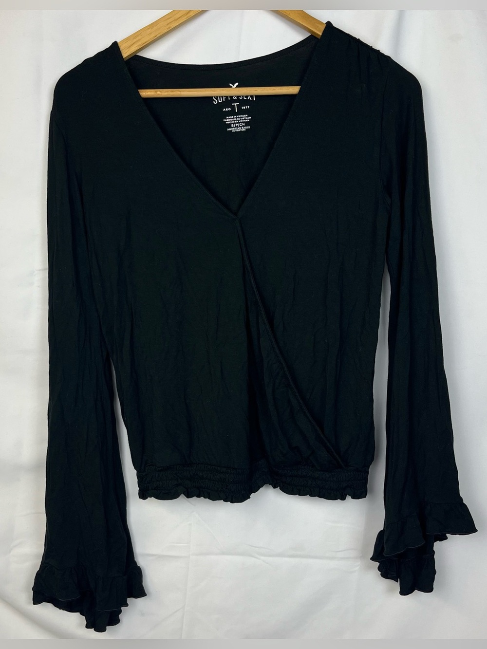 American Eagle Soft & Sexy Ruffle Bell Sleeve Surplice Top in Black Size S